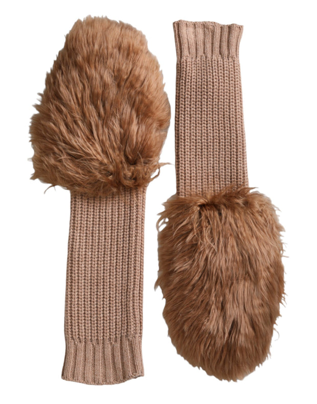 Brown Cashmere Knitted Fur Mid Arm Mitten Gloves Dolce & Gabbana