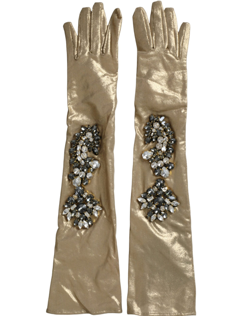 Beige Satin Crystal Elbow Length Gloves Dolce & Gabbana