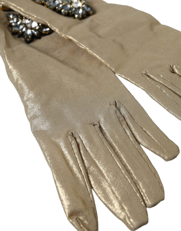 Beige Satin Crystal Elbow Length Gloves Dolce & Gabbana