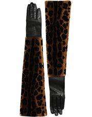 Brown Black Leopard Leather Elbow Length Gloves Dolce & Gabbana