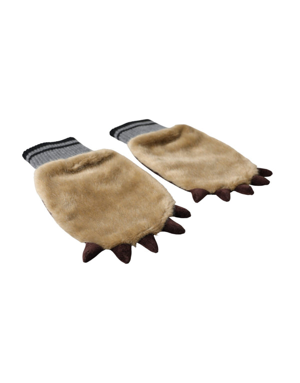 Beige Acrylic Knitted Fur Wrist Mitten Gloves Dolce & Gabbana