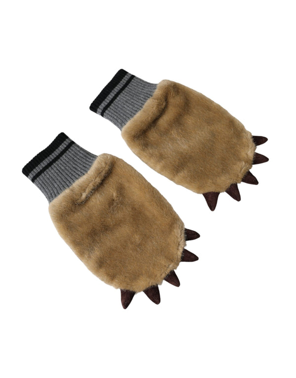 Beige Acrylic Knitted Fur Wrist Mitten Gloves Dolce & Gabbana