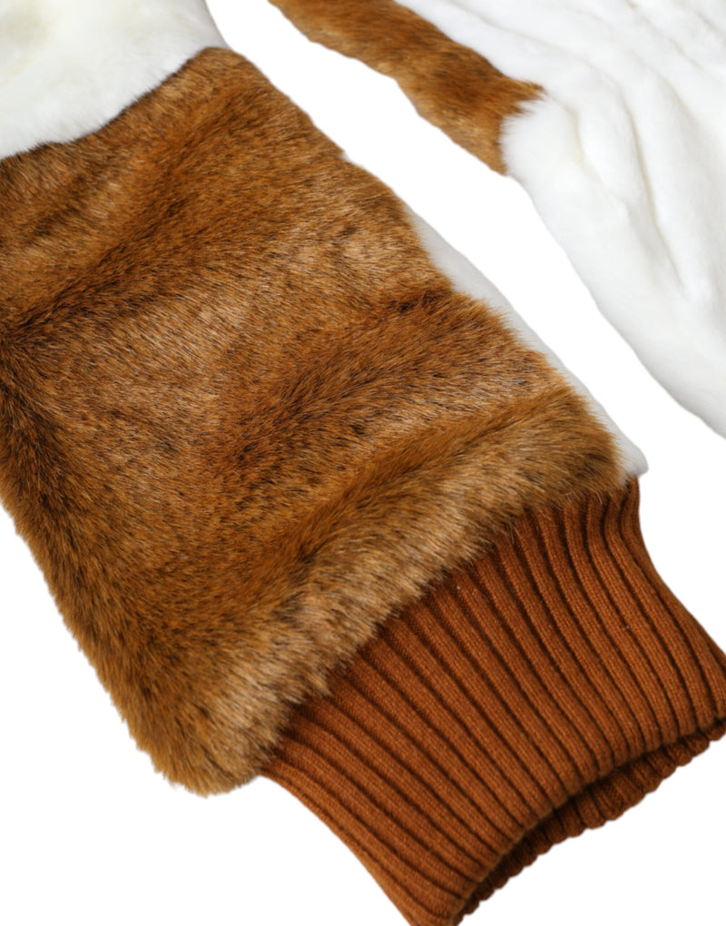 Brown White Acrylic Knitted Fur Mitten Gloves Dolce & Gabbana