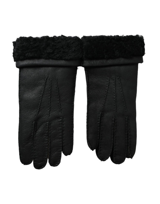 Black Leather Fur Short Hands Gloves Dolce & Gabbana