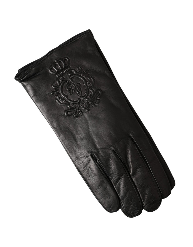 Black Leather Embossed Logo Short Hands Gloves Dolce & Gabbana