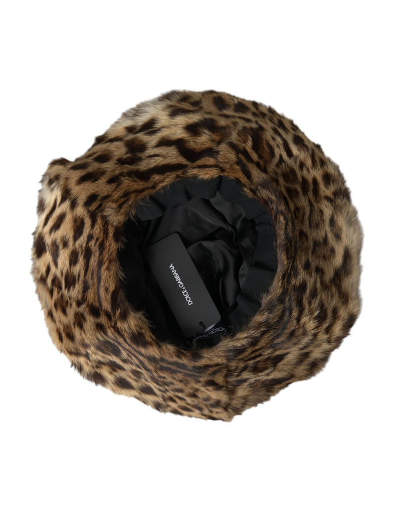 Brown Leopard Fur Women Bucket Hat Dolce & Gabbana