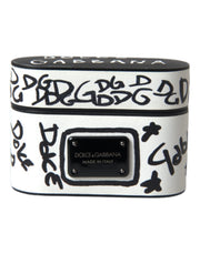 Black White Leather Scribble Embossed Logo Airpods Case Dolce & Gabbana