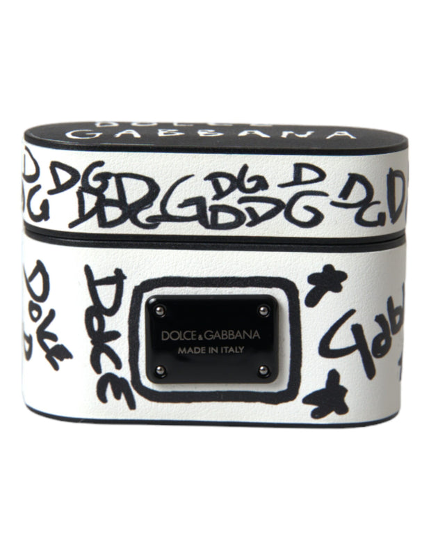 Black White Leather Scribble Embossed Logo Airpods Case Dolce & Gabbana