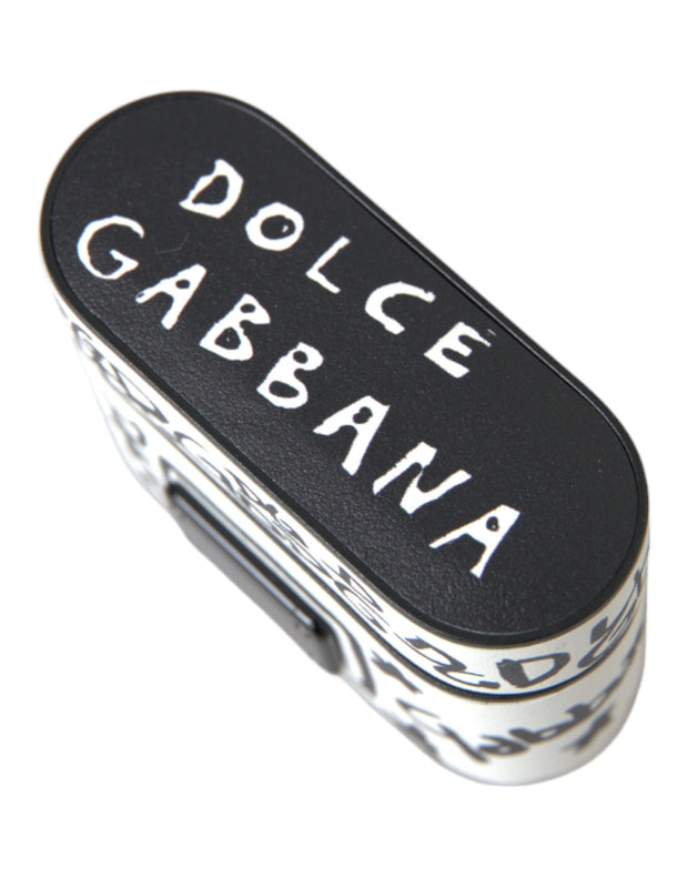 Black White Leather Scribble Embossed Logo Airpods Case Dolce & Gabbana