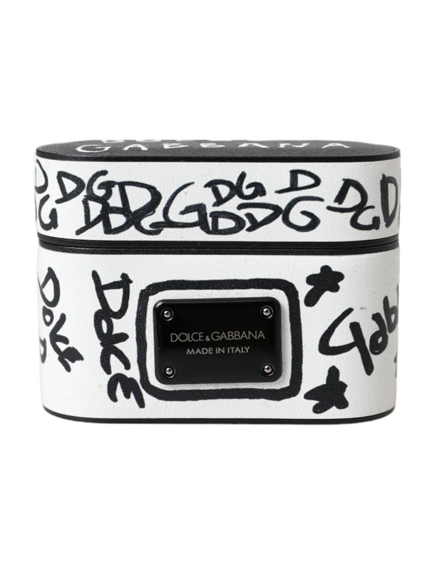 Black White Leather Scribble Embossed Logo Airpods Case Dolce & Gabbana