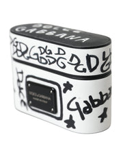 Black White Leather Scribble Embossed Logo Airpods Case Dolce & Gabbana