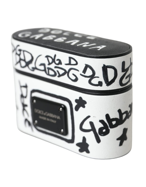 Black White Leather Scribble Embossed Logo Airpods Case Dolce & Gabbana