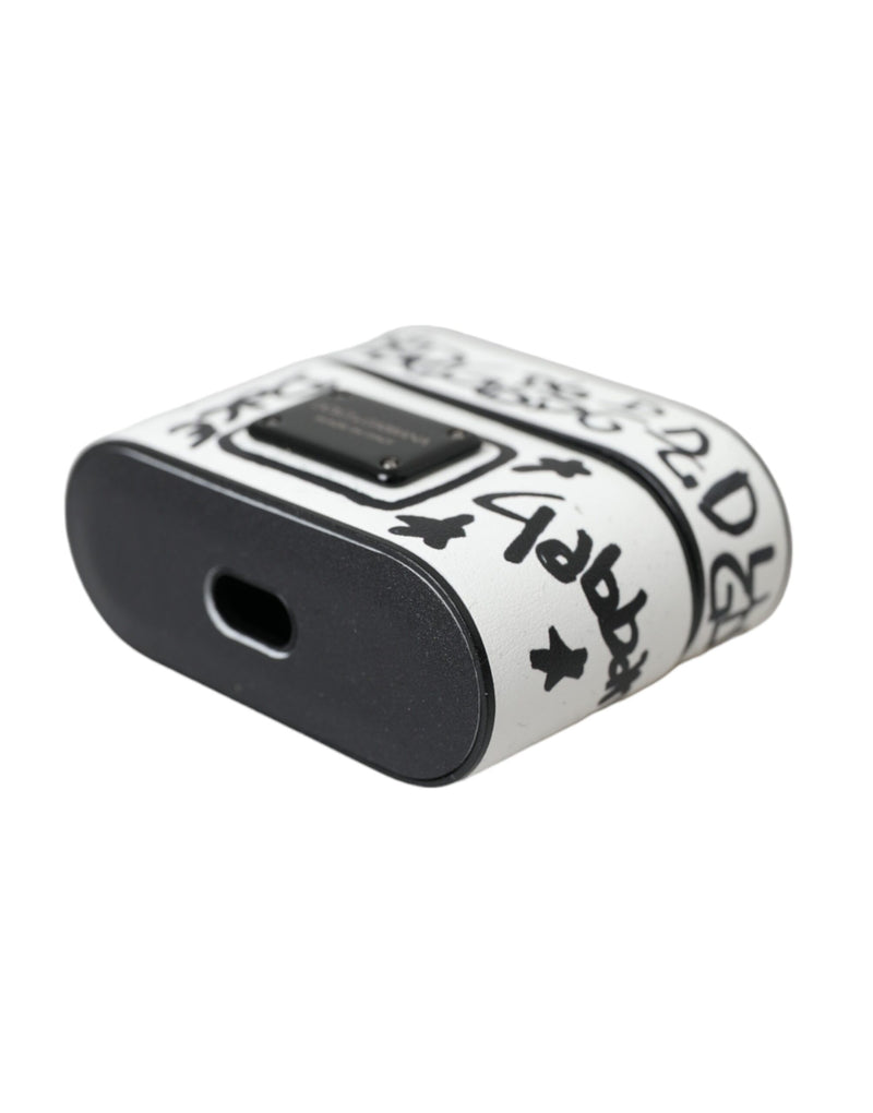 Black White Leather Scribble Embossed Logo Airpods Case Dolce & Gabbana