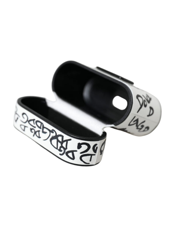 Black White Leather Scribble Embossed Logo Airpods Case Dolce & Gabbana