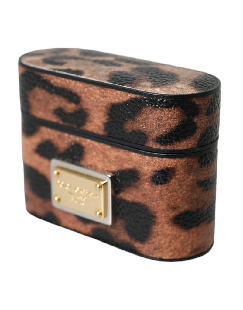 Brown Leopard Calf Leather Logo Plaque Airpods Case Dolce & Gabbana