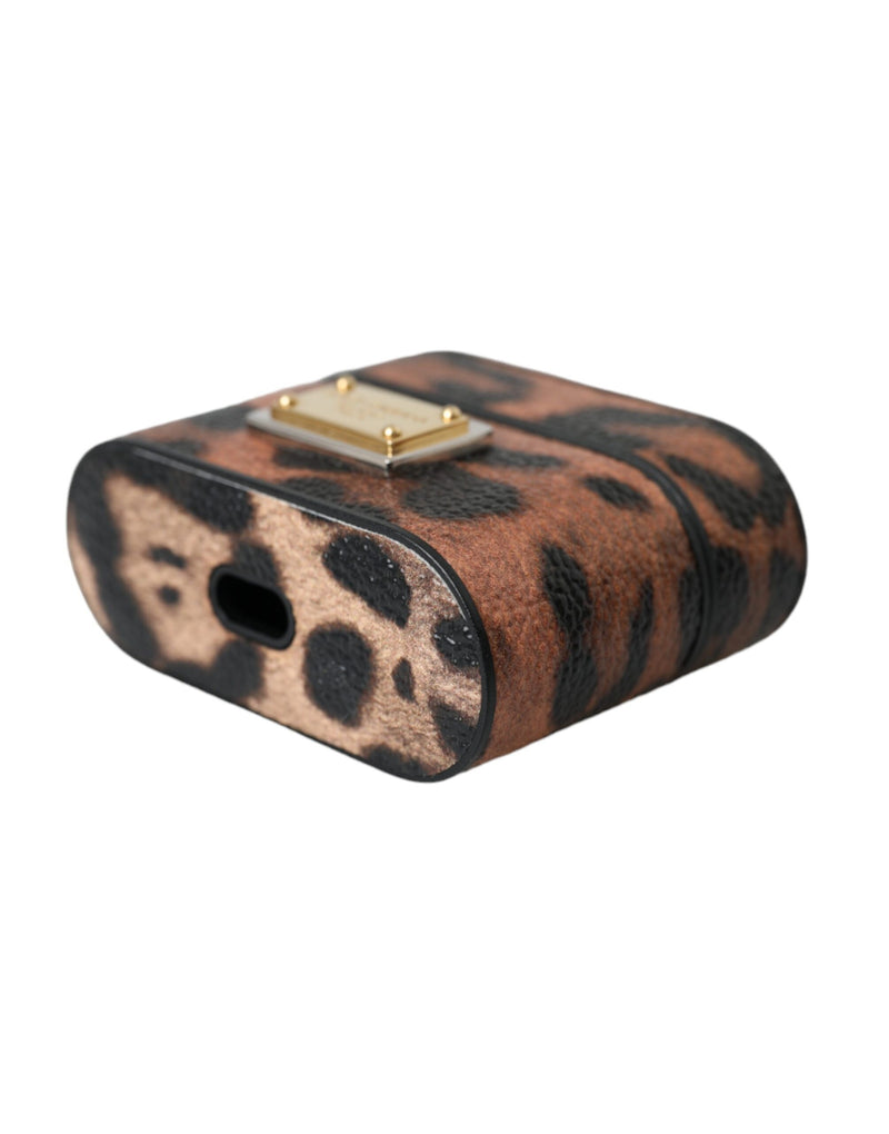 Brown Leopard Calf Leather Logo Plaque Airpods Case Dolce & Gabbana