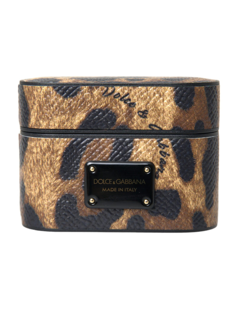 Brown Leopard Calf Leather Metal Logo Plaque Airpods Case Dolce & Gabbana