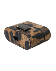 Brown Leopard Calf Leather Metal Logo Plaque Airpods Case Dolce & Gabbana