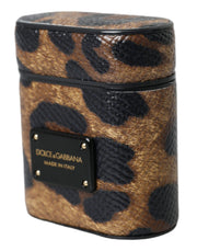 Brown Leopard Calf Leather Metal Logo Plaque Airpods Case Dolce & Gabbana