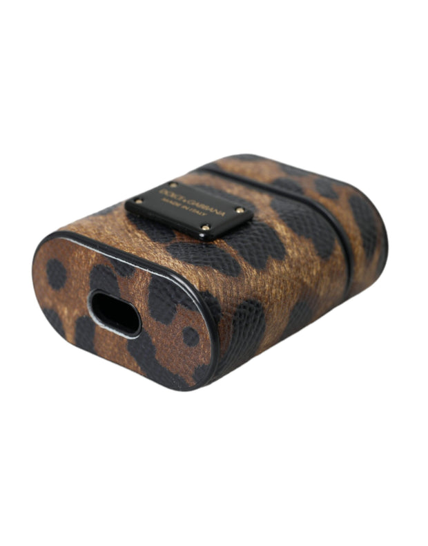 Brown Leopard Calf Leather Metal Logo Plaque Airpods Case Dolce & Gabbana