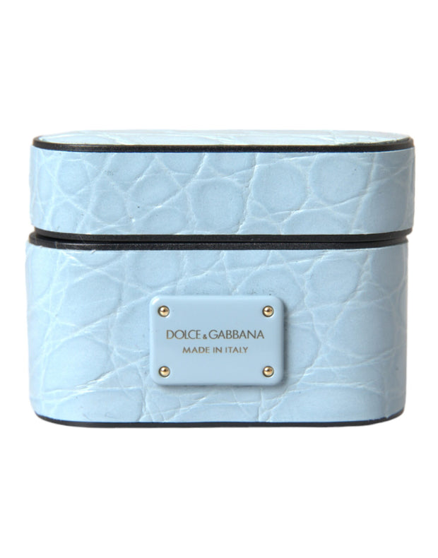 Light Blue Leather Metal Logo Plaque Airpods Case Dolce & Gabbana