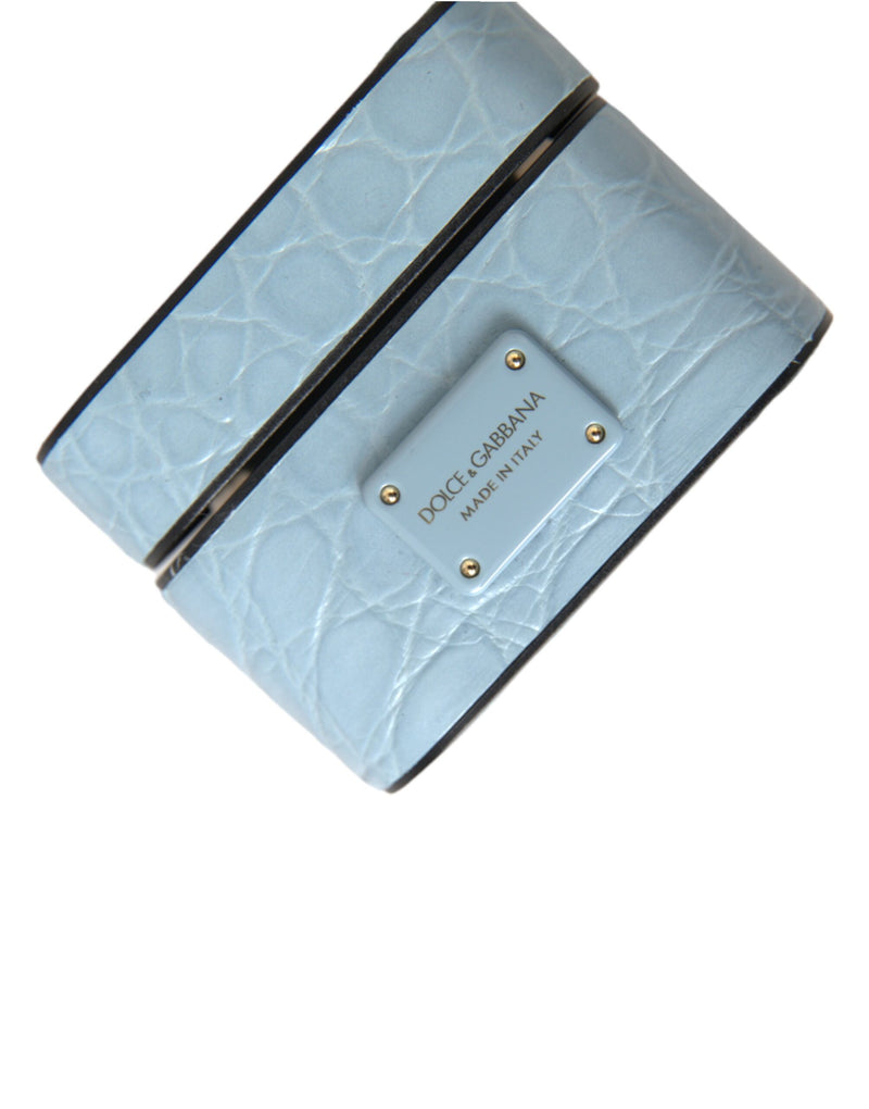 Light Blue Leather Metal Logo Plaque Airpods Case Dolce & Gabbana