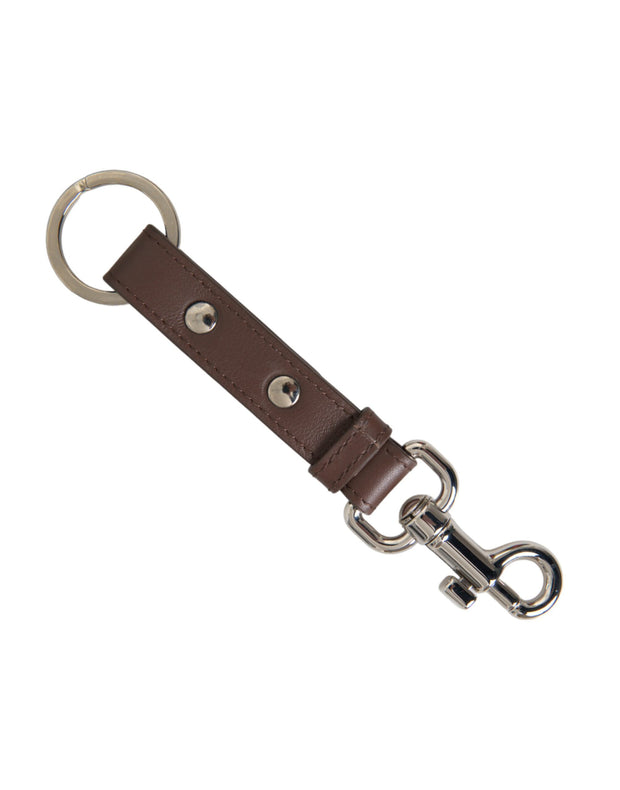 Brown Plain Leather Silver Brass Keyring Holder Keychain Dolce & Gabbana