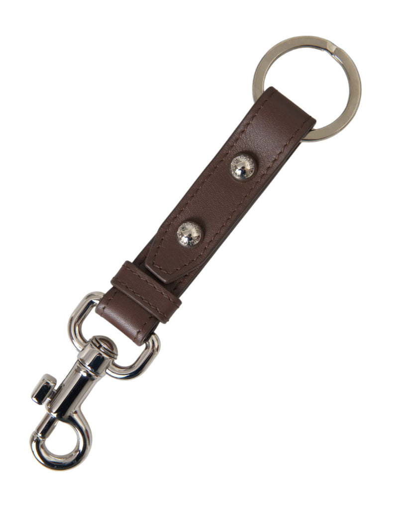 Brown Plain Leather Silver Brass Keyring Holder Keychain Dolce & Gabbana