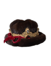 Dark Brown Mink Fur Gold Crystal Crown Hat Dolce & Gabbana