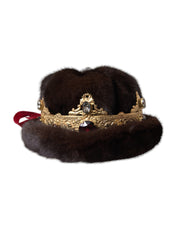 Dark Brown Mink Fur Gold Crystal Crown Hat Dolce & Gabbana