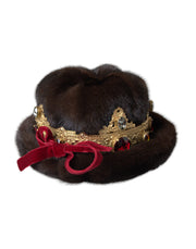 Dark Brown Mink Fur Gold Crystal Crown Hat Dolce & Gabbana