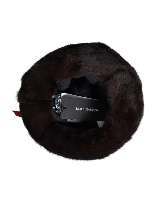 Dark Brown Mink Fur Gold Crystal Crown Hat Dolce & Gabbana