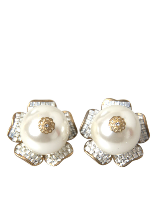 Gold Tone Maxi Faux Pearl Floral Clip-on Jewelry Earrings Dolce & Gabbana