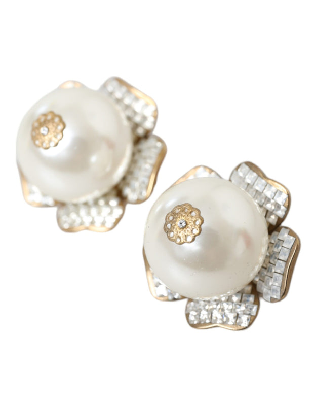 Gold Tone Maxi Faux Pearl Floral Clip-on Jewelry Earrings Dolce & Gabbana