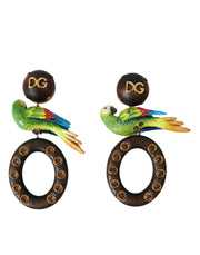 Multicolor Parrot Wood Brass Crystal Embellished Earrings Dolce & Gabbana