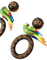 Multicolor Parrot Wood Brass Crystal Embellished Earrings Dolce & Gabbana