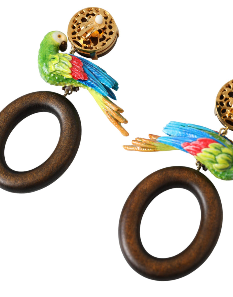 Multicolor Parrot Wood Brass Crystal Embellished Earrings Dolce & Gabbana