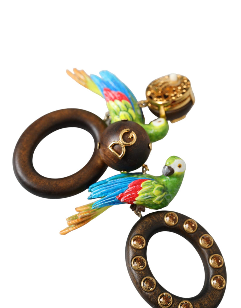 Multicolor Parrot Wood Brass Crystal Embellished Earrings Dolce & Gabbana