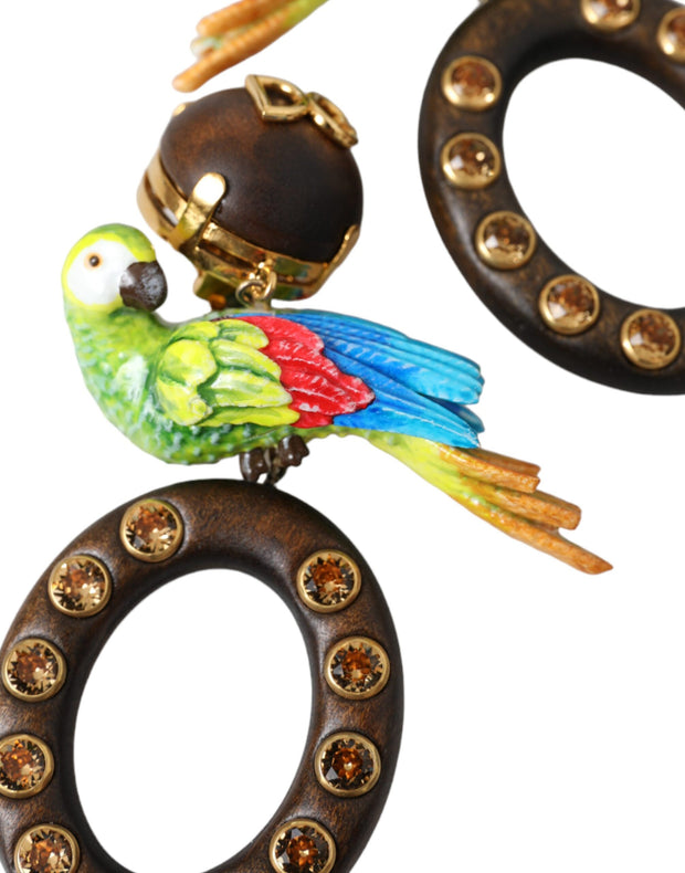 Multicolor Parrot Wood Brass Crystal Embellished Earrings Dolce & Gabbana