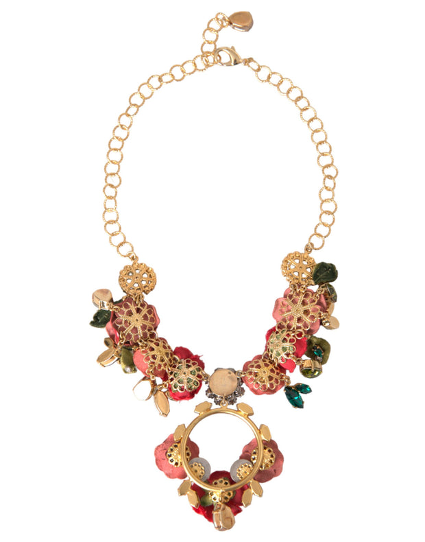 Gold Brass Link Chain RosePetal Crystal Pendant Necklace Dolce & Gabbana