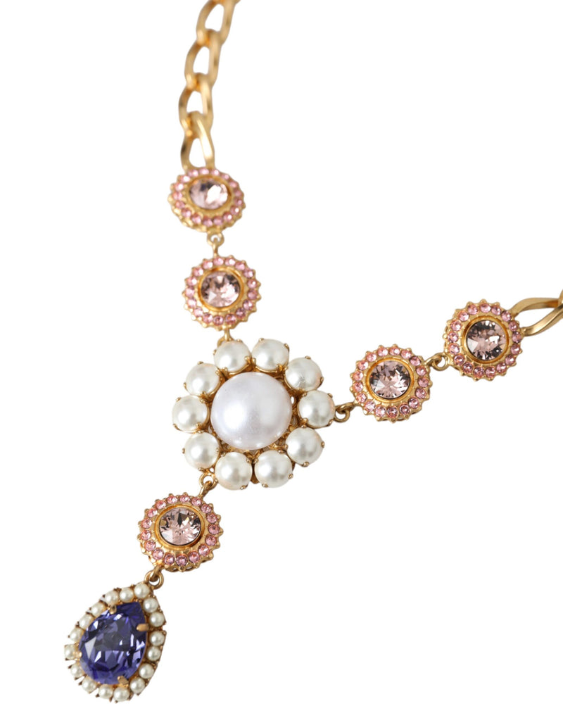 Gold Brass Crystal Purple Pink Pearl Pendants Necklace Dolce & Gabbana