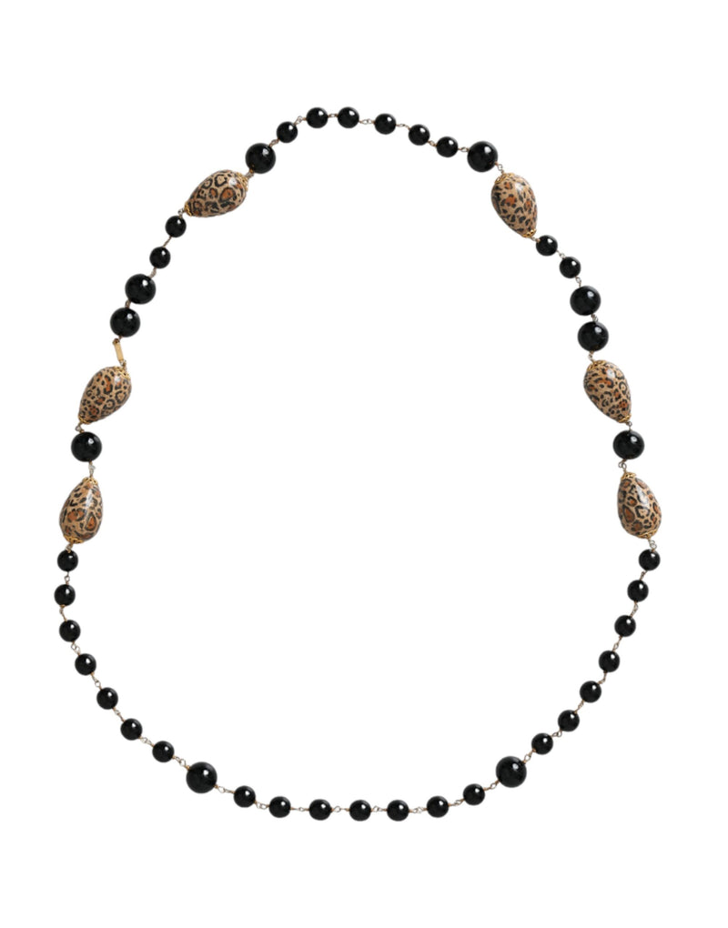 Gold Tone Brass Black Printed Beaded Long Chain Necklace Dolce & Gabbana