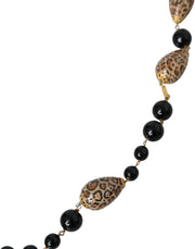 Gold Tone Brass Black Printed Beaded Long Chain Necklace Dolce & Gabbana