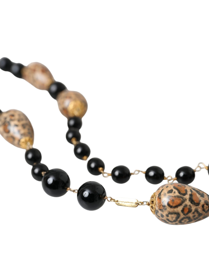 Gold Tone Brass Black Printed Beaded Long Chain Necklace Dolce & Gabbana