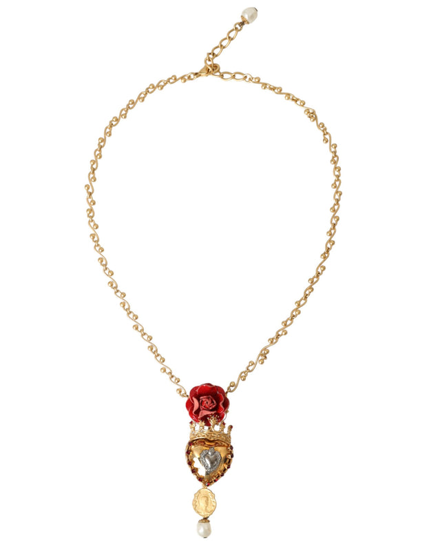 Gold BrassChain Sacred Heart Rose Crystal Charm Necklace Dolce & Gabbana