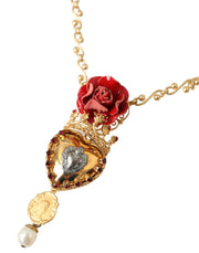 Gold BrassChain Sacred Heart Rose Crystal Charm Necklace Dolce & Gabbana