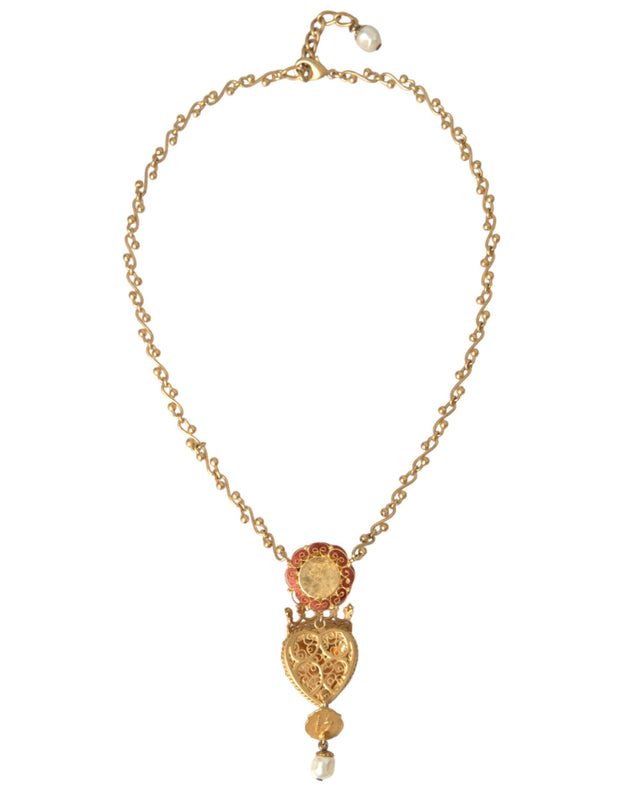 Gold BrassChain Sacred Heart Rose Crystal Charm Necklace Dolce & Gabbana