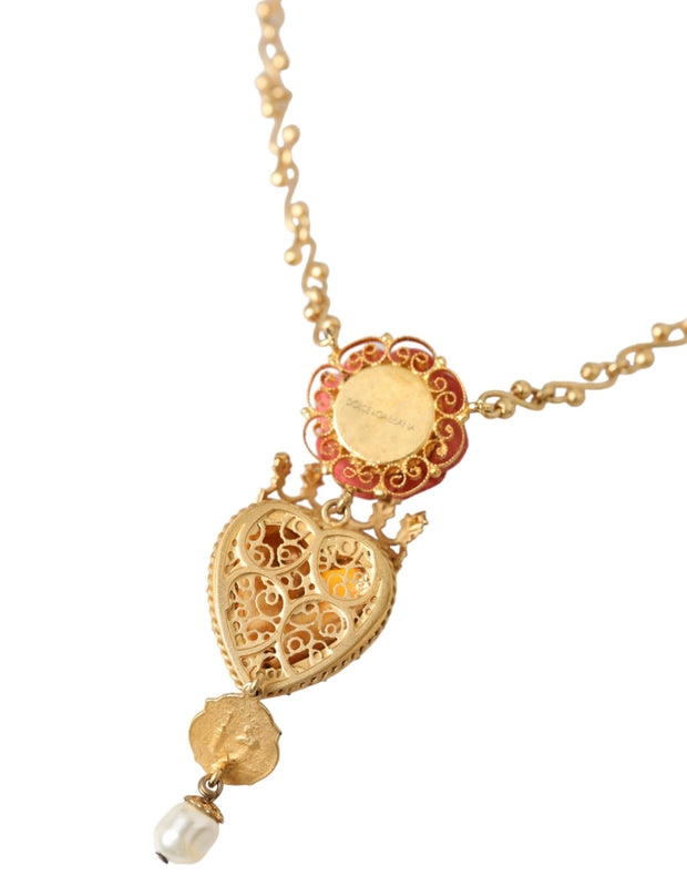 Gold BrassChain Sacred Heart Rose Crystal Charm Necklace Dolce & Gabbana