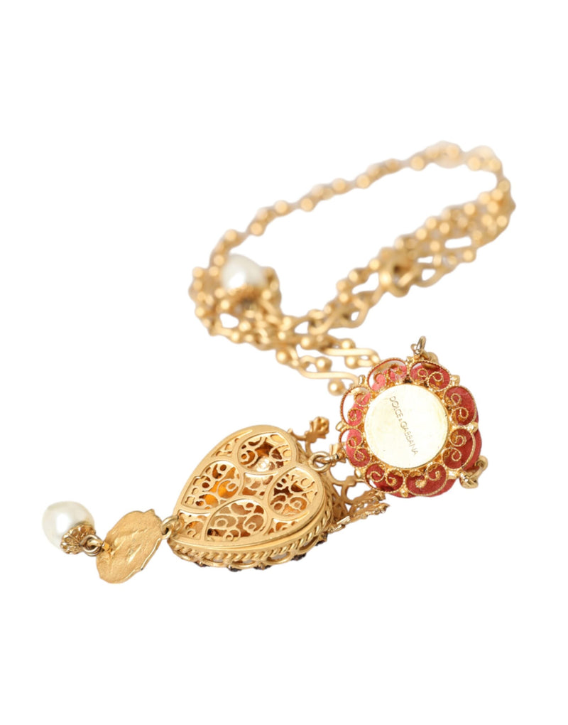 Gold BrassChain Sacred Heart Rose Crystal Charm Necklace Dolce & Gabbana