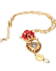 Gold BrassChain Sacred Heart Rose Crystal Charm Necklace Dolce & Gabbana